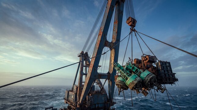 Industrial crane dominates maritime scene with buoys against dramatic sky