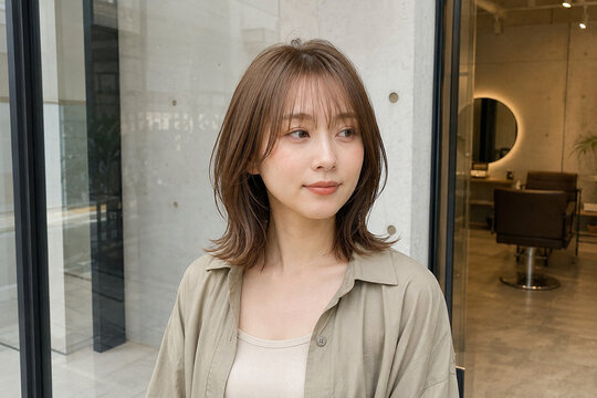 淡いベージュの鎖骨ハイレイヤーを正面寄りで見る女性