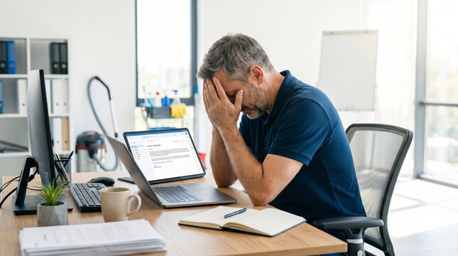 Stressed cleaning business owner sitting at office desk