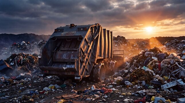 Colossal compactor machine stands amid waste mountains at dusk in landfill.