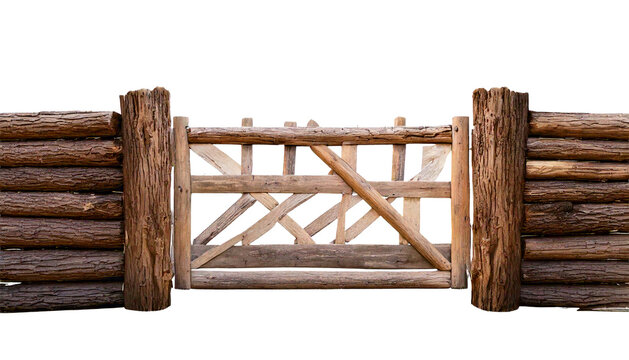 Selective focus wooden log fence gate isolated on transparent or white background