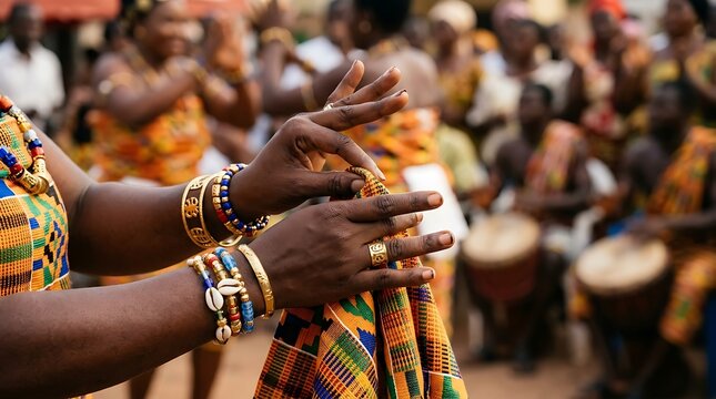 African dancer wearing traditional kente cloth and gold jewelry