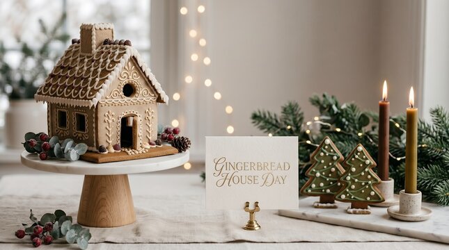 Intricate Gingerbread House Display with Festive Christmas Decorations and Burning Candles