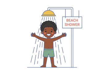 Happy African American Boy Taking an Outdoor Beach Shower Illustration