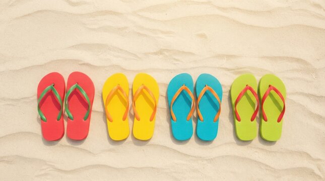 Four pairs of colorful flip flops arranged in a row on the white sandy beach