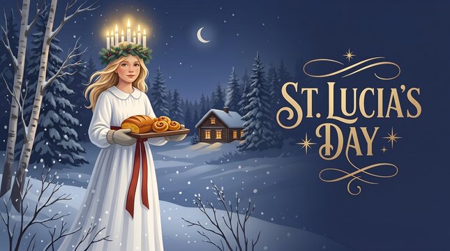A Beautiful Nordic Girl Wearing a Candle Crown and Bringing Baked Goods in a Snowy Winter Landscape
