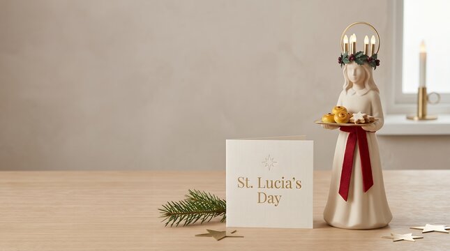 Traditional St. Lucia Day Festival Celebration Ceramic Figure Offering Baked Goods and Greeting Card