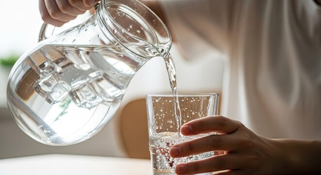 Water being poured into glass from a pitcher clear refreshing drink concept