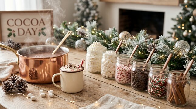Festive Hot Cocoa Bar Setup with Winter Decorations and Assorted Toppings