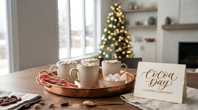 Cozy Winter Morning Scene with Steaming Hot Cocoa Cups and Christmas Tree Decoration