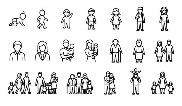 Modern Diverse People and Family Line Art Vector Icon Bundle with Children Adults Couples and Senior Characters