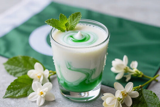 Refreshing milk drink with national colors, jasmine blossom, and flag background for national holidays.