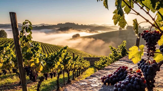 Purple grapes on stone wall in misty vineyard at sunrise