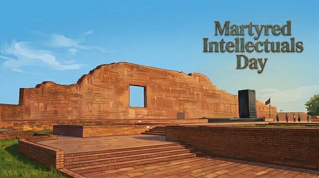 Ancient Brick Ruins Memorial Monument With People And Text For Martyred Intellectuals Day