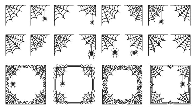 Spider web corner collection, vector spiderweb frame set, black and white arachnid borders, decorative spooky insects, craft clip art elements isolated on White Background