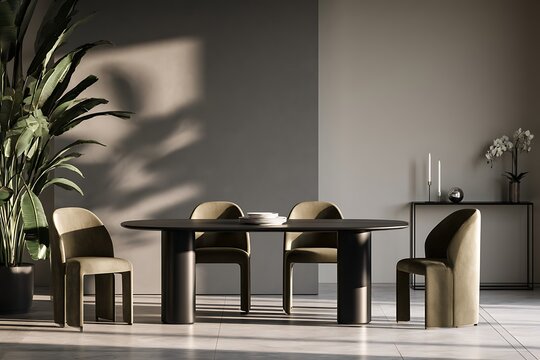 Modern dining room with a dark oval table, velvet chairs, and a large indoor plant against a twotone grey wall