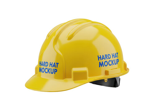 Yellow safety hard hat with blue logo on side isolated on transparent background