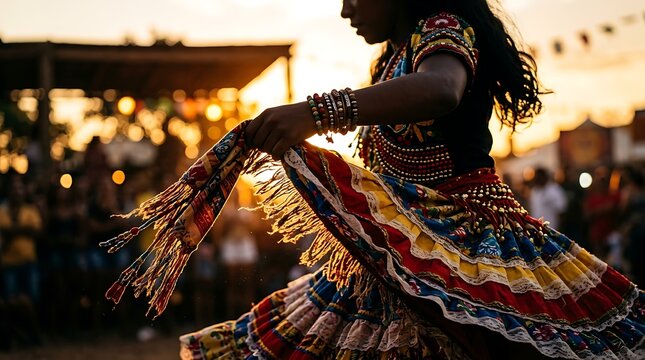 Woman in colorful traditional dress dancing at a sunset festival