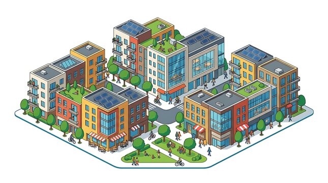 Modern eco friendly urban neighborhood with solar panels and parks