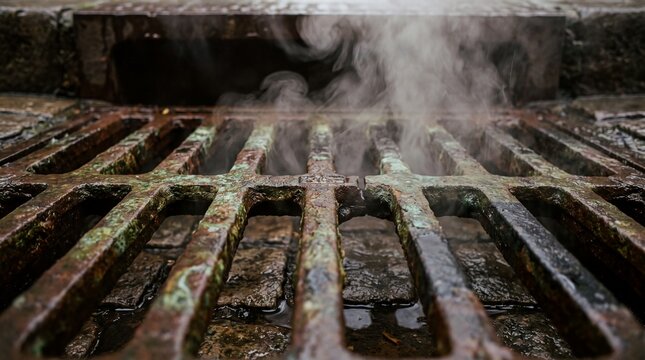 Oxidized cast iron grate steams dramatically on wet, urban cobblestone
