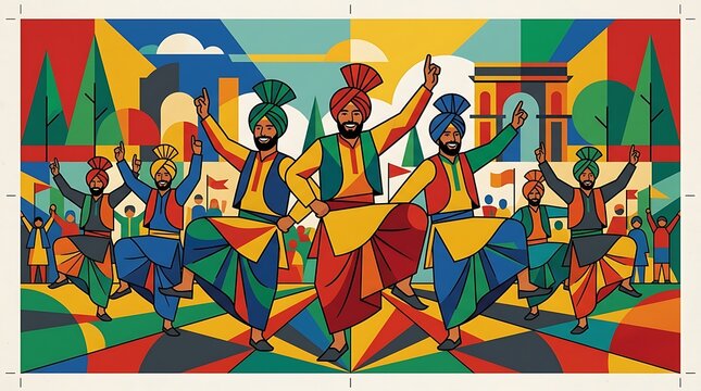 Joyful punjabi men dancing bhangra at a colorful cultural festival