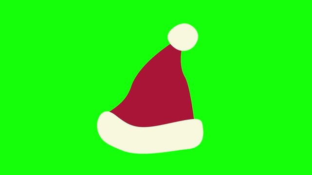 Santa Claus red hat on Christmas. Xmas St Nicholas cap icon sign, isolated on green screen. Vector cartoon animation. Holiday, illustration idea, party and celebration symbol. Decoration and ornament