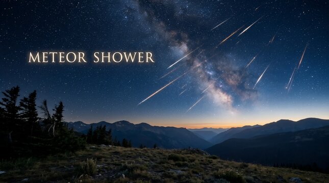 Dramatic Celestial Meteor Shower Event Illuminating the Night Sky Over Mountain Landscape