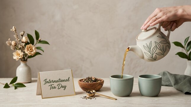 Gentle Pouring Hot Tea from Ceramic Teapot into Ceramic Cup, Celebrating International Tea Day