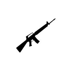 Fototapeta premium Silhouette of an assault rifle, a semi-automatic firearm with a long barrel and stock, depicted in black against a white background, symbolizing weaponry and defense