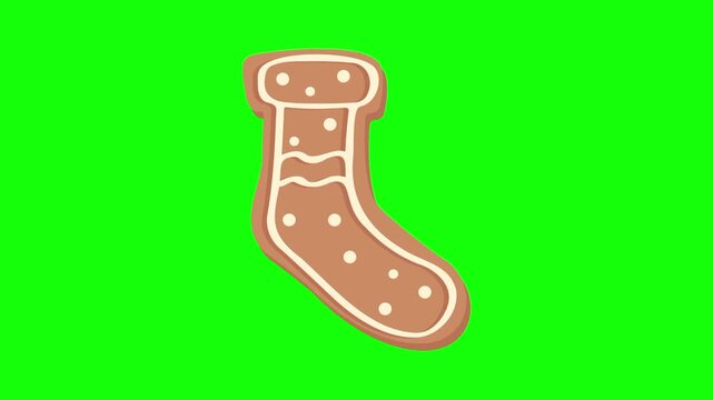 gingerbread  sock Christmas. Xmas cookie snow icon sign, isolated on green screen. Vector cartoon animation. Holiday, illustration idea, party and celebration symbol. Decoration and ornaments.