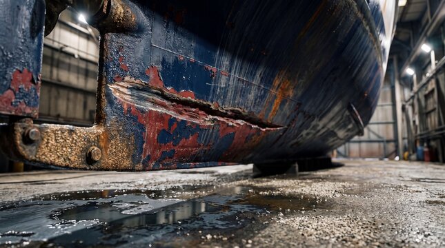 Rusty boat hull peeling paint in a vast industrial dry dock setting