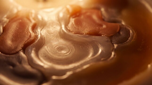 Macro view of viscous melting wax pooling with warm amber and sepia tones