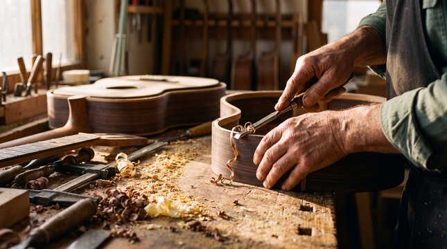 Luthier crafting a classical guitar rib with intense concentration in an aged workshop