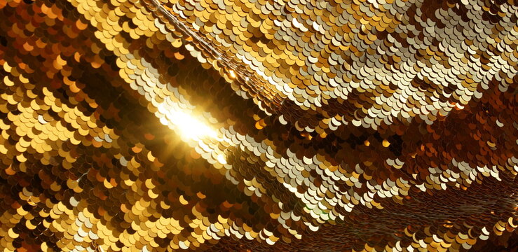 Gold sequin texture background with reflective sparkling banner. Abstract christmas backdrop, wallpaper