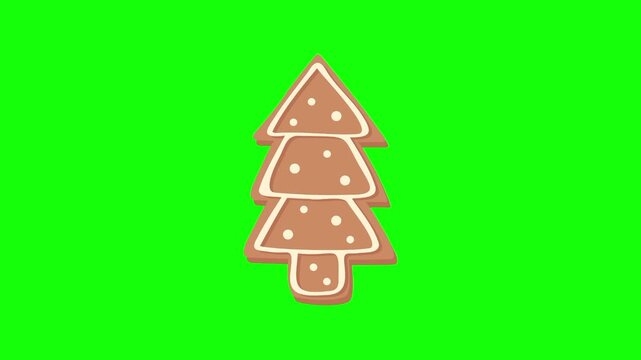 gingerbread tree Christmas. Xmas cookie snow icon sign, isolated on green screen. Vector cartoon animation. Holiday, illustration idea, party and celebration symbol. Decoration and ornaments.