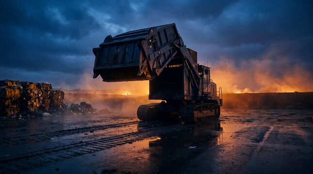 Industrial compactor machine resting against a dramatically colored sunset sky.