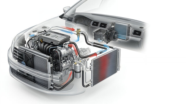 Automotive air conditioning system technical diagram showing engine cooling components.