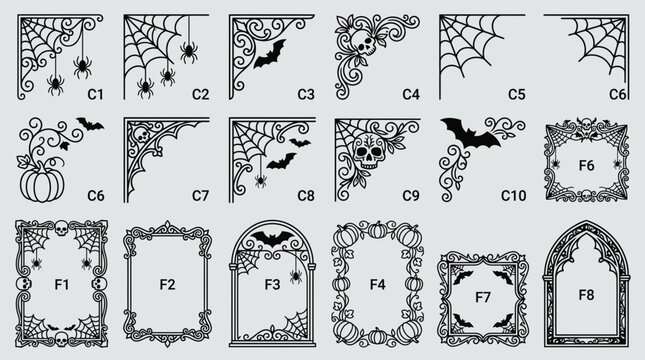 Vintage Halloween frame corner borders collection. Spooky spider web design set. Decorative vector elements with bats, pumpkins, skulls for cards and invitations isolated on White Background
