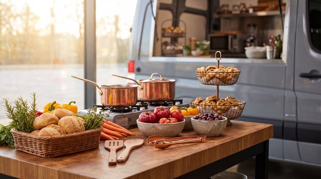 Artisan bread and fresh ingredients displayed on a wooden counter