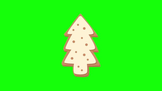 gingerbread tree Christmas. Xmas cookie snow icon sign, isolated on green screen. Vector cartoon animation. Holiday, illustration idea, party and celebration symbol. Decoration and ornaments.