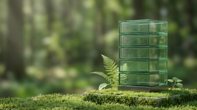 Sustainable green data center server rack with circuit boards on forest moss representing eco friendly technology