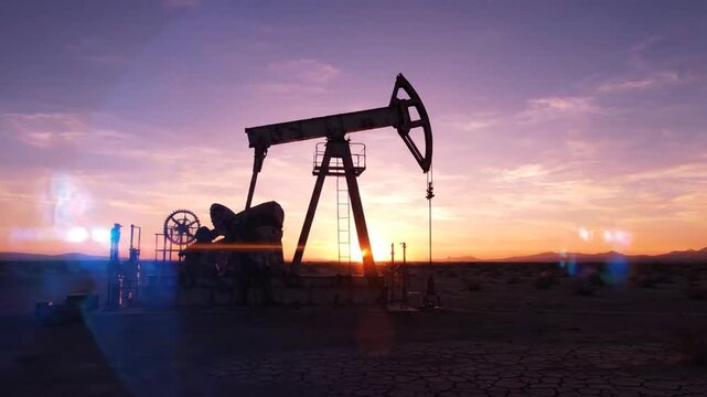 Oil pump jack silhouetted against a vibrant sunset sky.