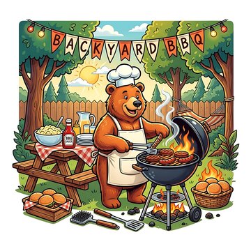 Friendly bear chef grilling food at a sunny backyard barbecue party