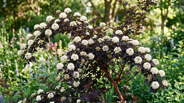Diabolo opulifolius shrub with dark purple foliage and clusters of small white flowers blooming in a garden