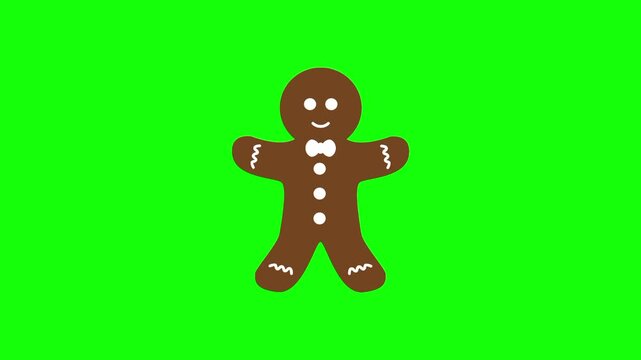 Doll gingerbread man Christmas. Xmas cookie snow icon sign, isolated on green screen. Vector cartoon animation. Holiday, illustration idea, party and celebration symbol. Decoration and ornaments.