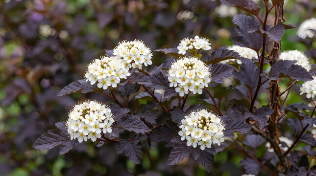 Closeup of diabolo ninebark flowers with white petals and dark purple leaves in a garden setting