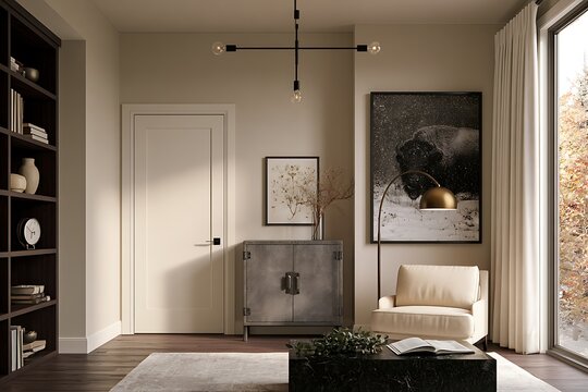 Sophisticated home study interior featuring a dark wood bookshelf, a minimalist white door, a grey storage cabinet, a cream armchair, and a large bison art piece on a beige wall