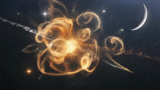 Celestial body trajectory across starfield in space animation