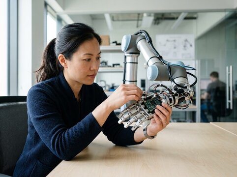 Engineer assembles advanced robotic mechanical hand