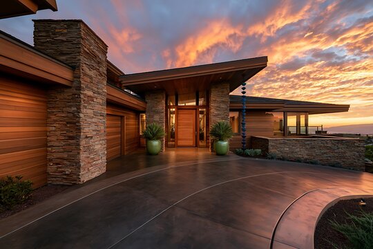 Modern luxury home exterior entrance at sunset with stone and wood facade